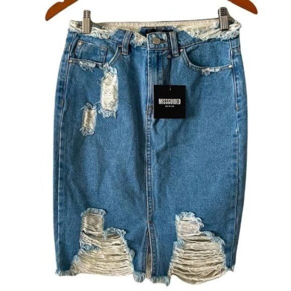 Missguided Dresses & Skirts - Misguided High-waist Distressed Denim Skirt